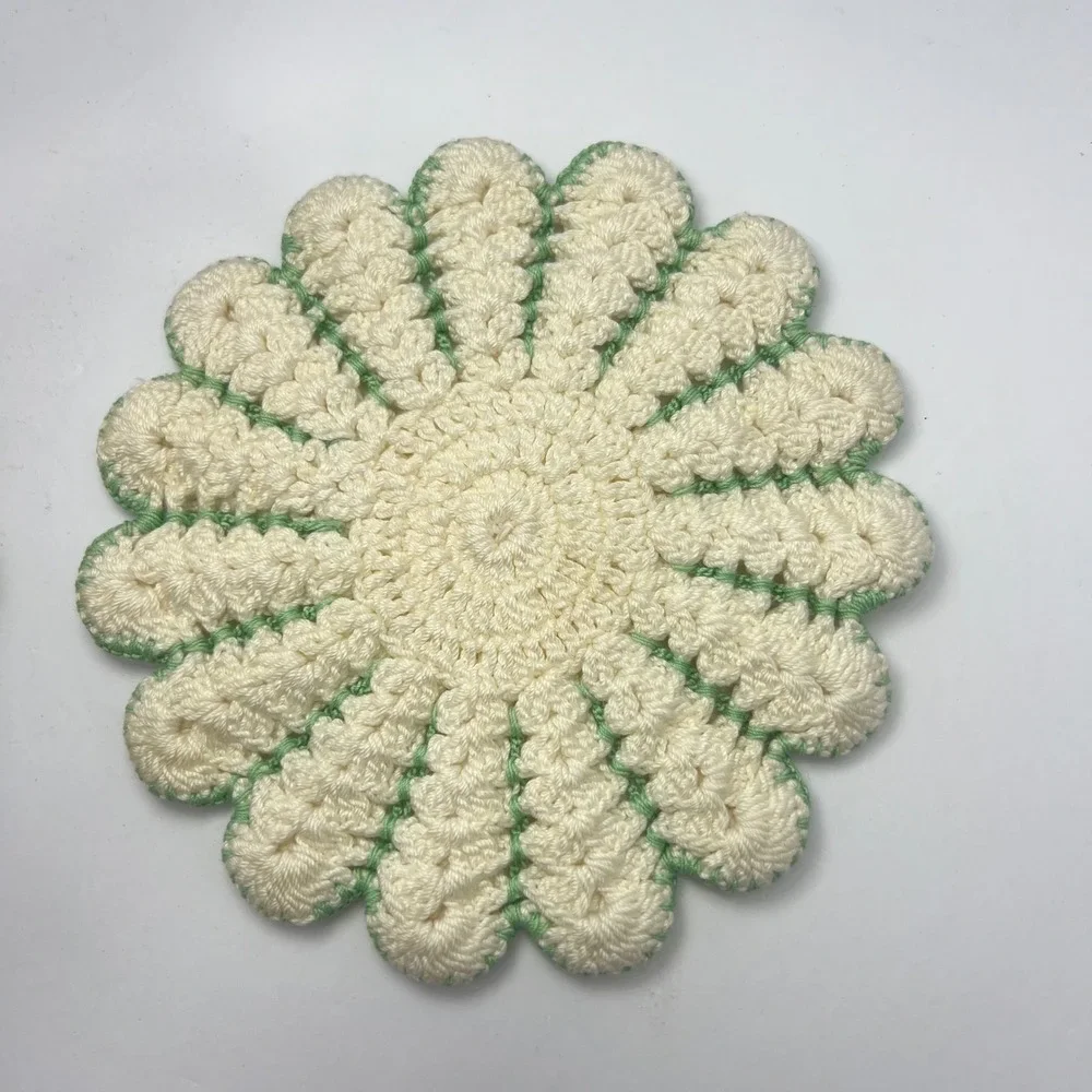 Handmade Crochet Daisy Coasters Set of 2 Vintage Floral Retro Boho Grandma Green